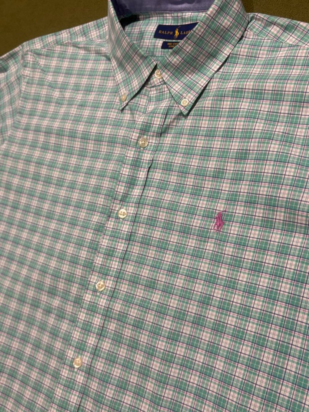 Ralph Lauren Men’s Button Down Shirt Green Blue Pink Plaid Cotton Stretch Size L